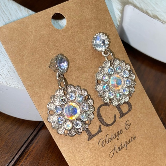 Silver Crystal Flower Cluster Drop Earrings - Picture 2 of 4